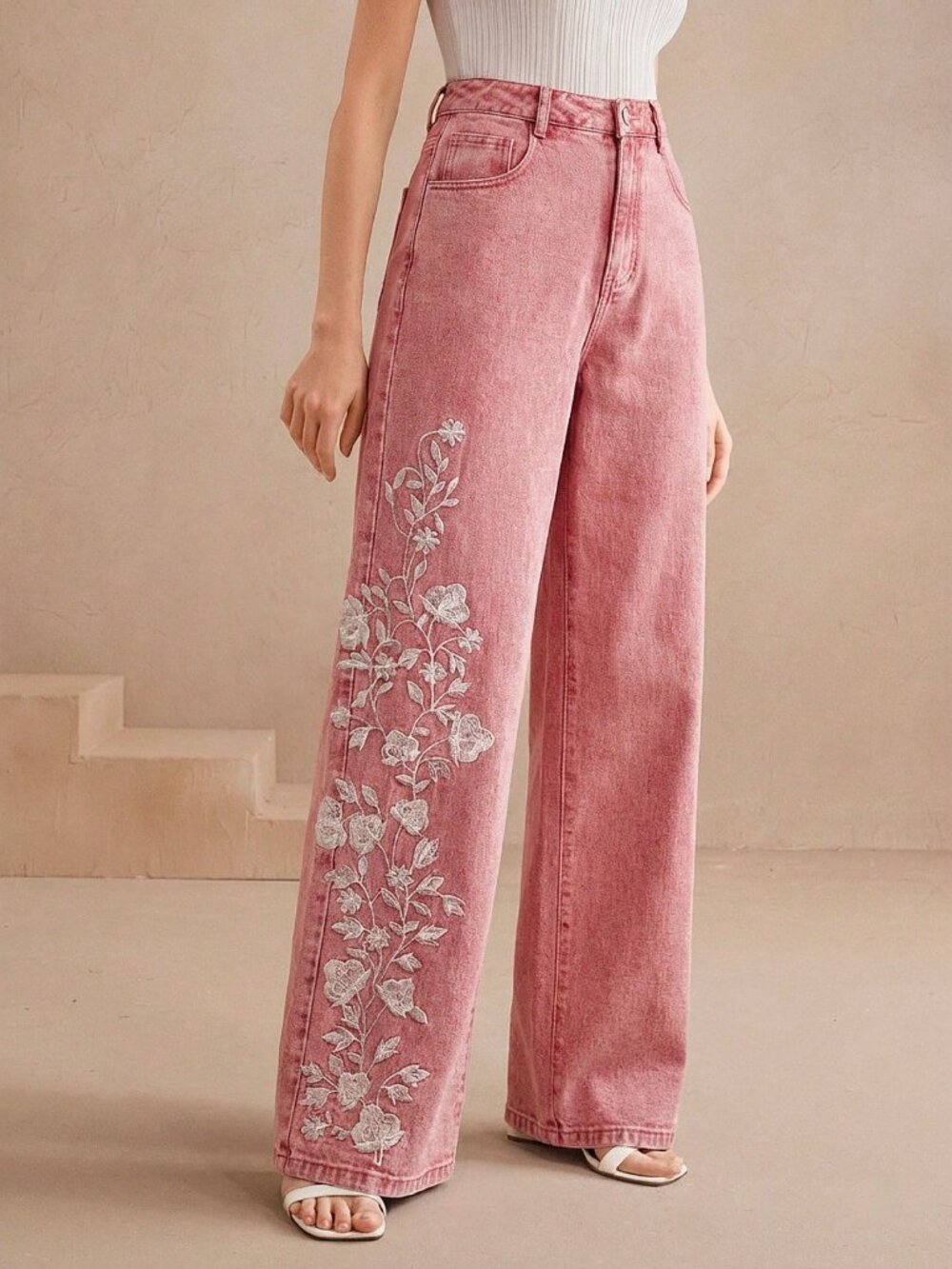Pink Casual Women's Floral Embroidered Zipper Fly Mid-Waist Wide-Leg Jeans